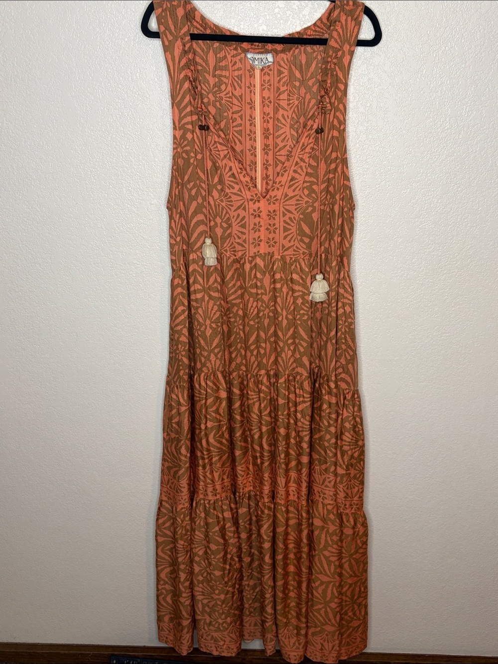 Omika Orange & Tan Modal Tropical Print Tiered Maxi Dress w/ Tassels Size Large